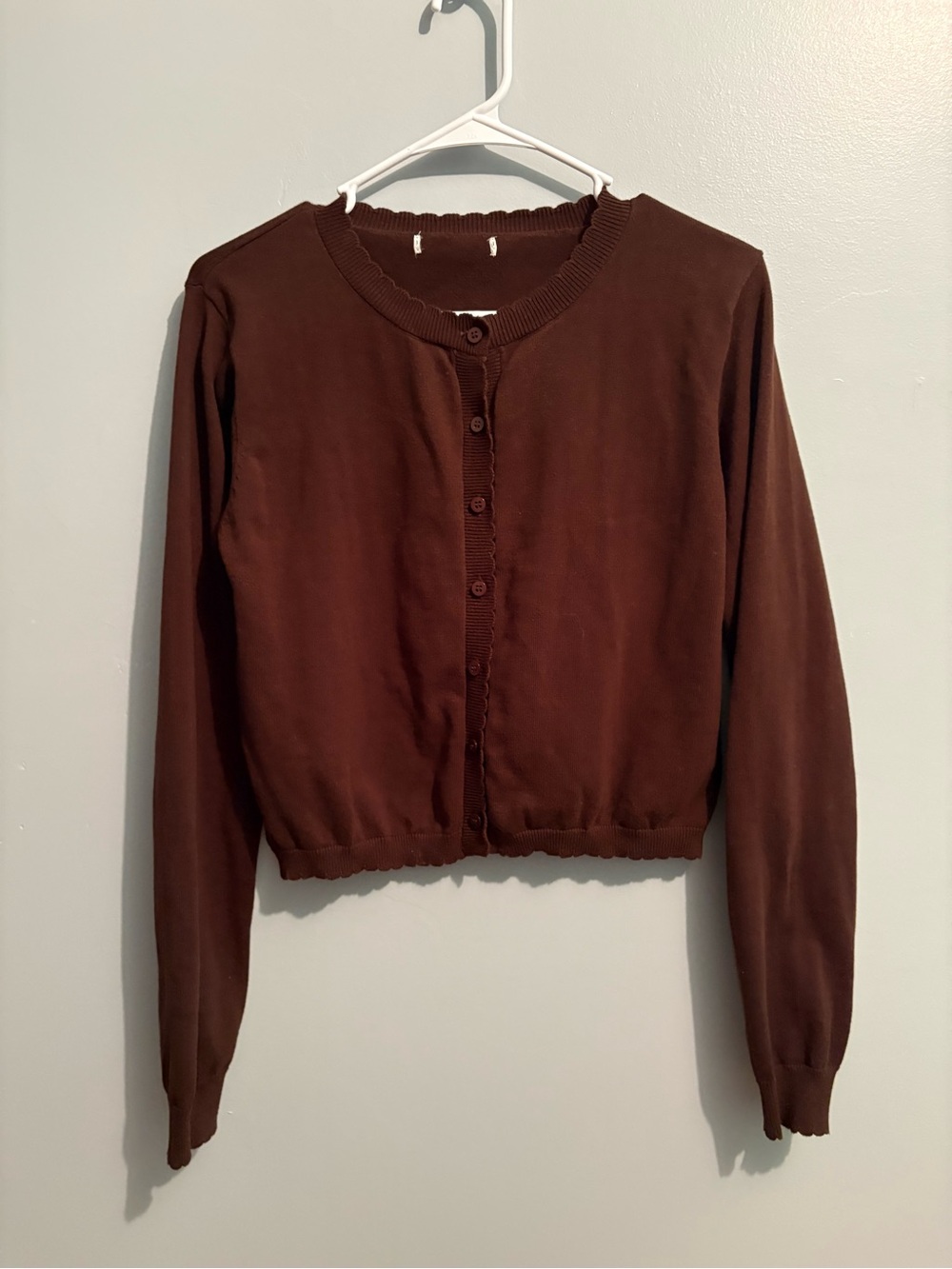 Chocolate Brown Cropped Button-Front Cardigan Scalloped Hem Women’s Size Small - Picture 4 of 8
